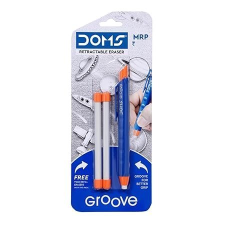 Doms Groove Retractable Eraser | Groove For Better Grip With Excellent Erasing Performance | Free 2 Refill Eraser With This Pack